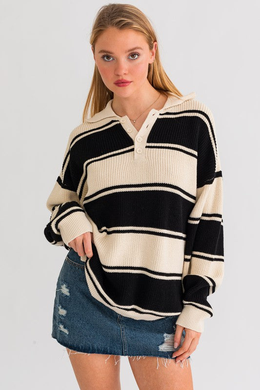 COLLARED STRIPE SWEATER