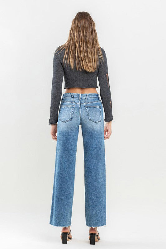 Mid Rise Raw Hem Wide Leg Jeans