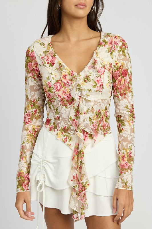 FLORAL PRINT BLOUSE WITH RUFFLE DETAIL