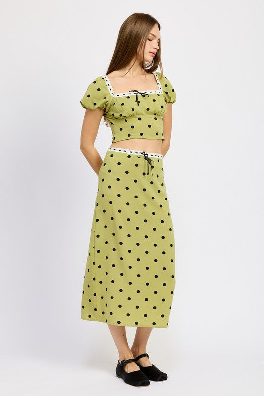 POLKA DOT MIDI SKIRT WITH LACE TRIM