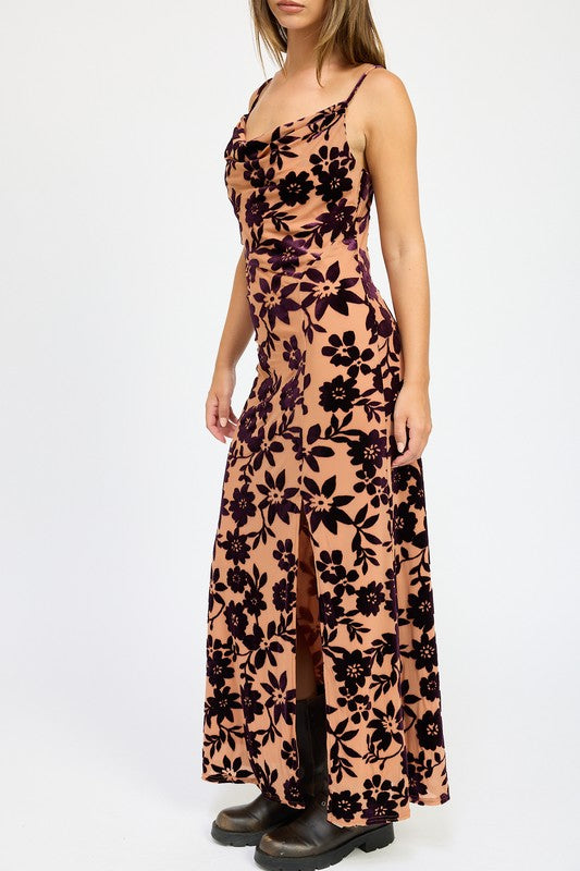 FLORAL PRINT COWL NECK MAXI DRESS