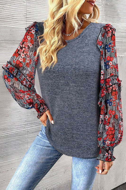 Women Ruffle Tiered Floral Sleeve Crew Neck Blouse